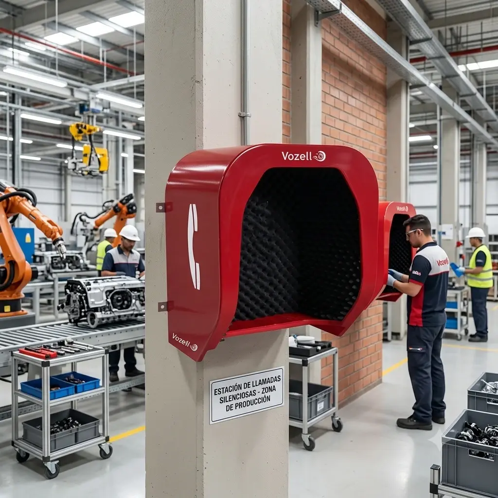 Estación de llamadas silenciosas Vozell montada en columna de una zona de producción industrial